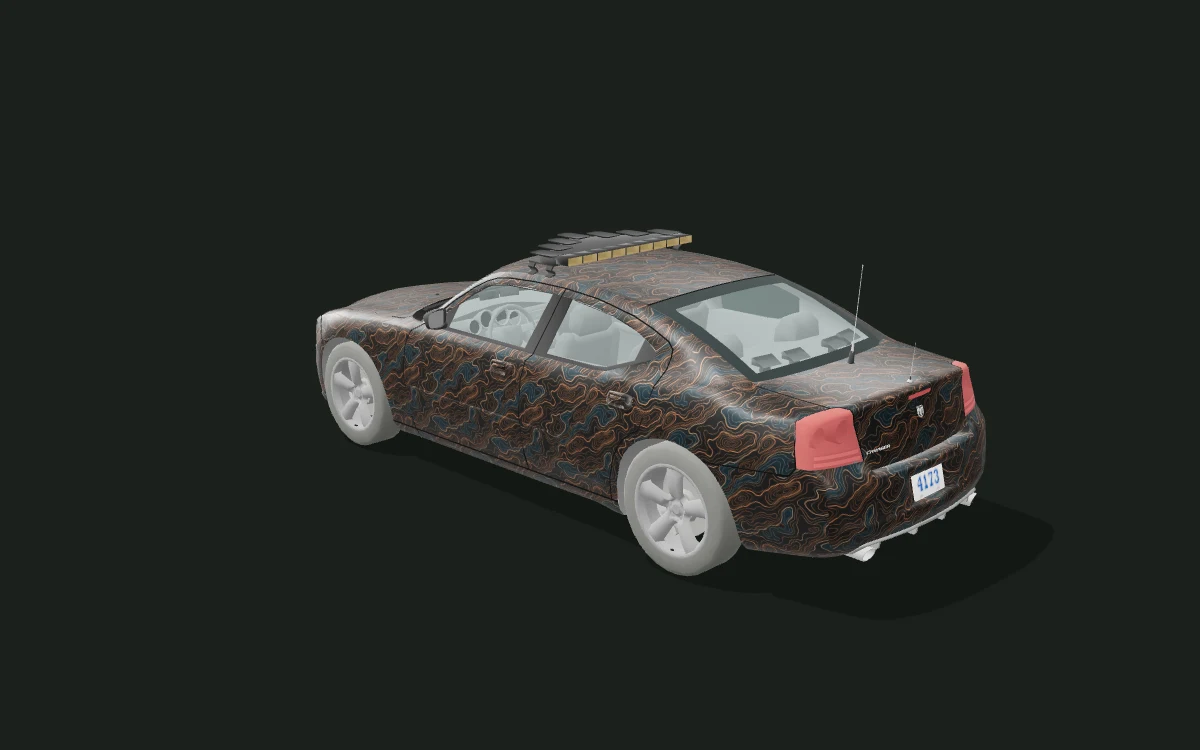 Dodge Charger — 구리빛 등고선 — 세단 모델 · 경찰차 원본 조정 — 뒤쪽 대각선 보기