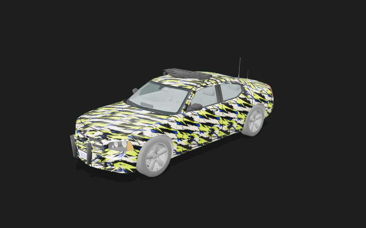 Dodge Charger lime graphic wrap — Volt Brush — 3D model render — front three-quarter