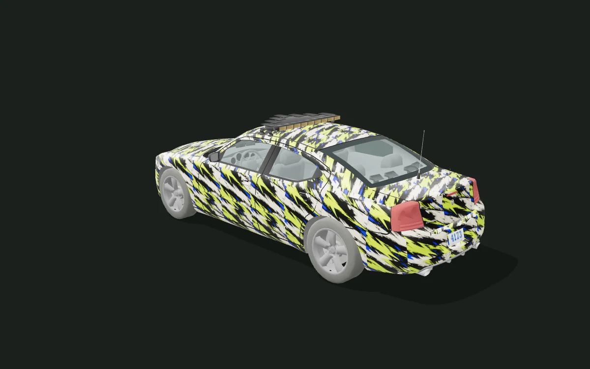 Dodge Charger lime graphic wrap — Volt Brush — Sedan study · police-base adaptation — Rear three-quarter view