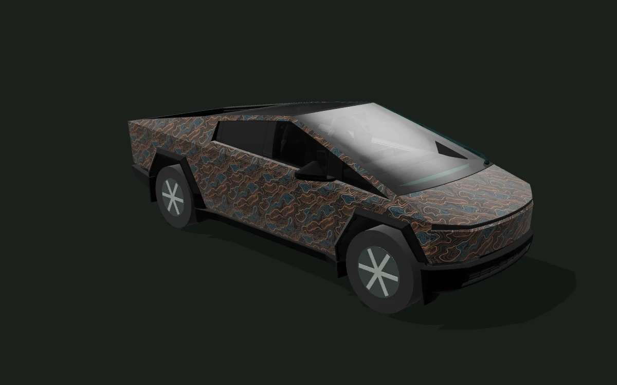 Copper Contours for Tesla Cybertruck — 3D model render — front three-quarter