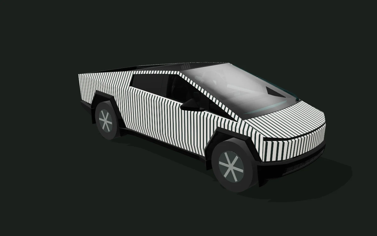 Midnight stripes for Tesla Cybertruck — 3D model render — front three-quarter