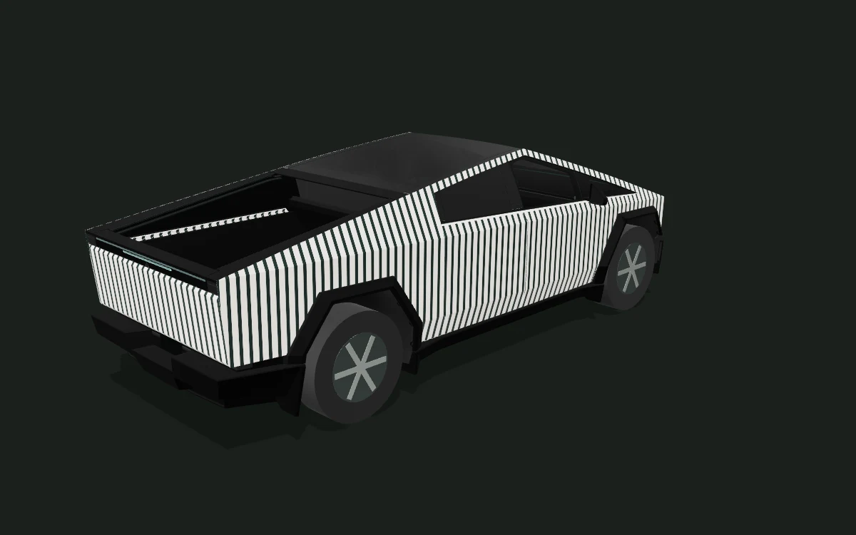 Midnight stripes for Tesla Cybertruck — Production body study — Rear three-quarter view