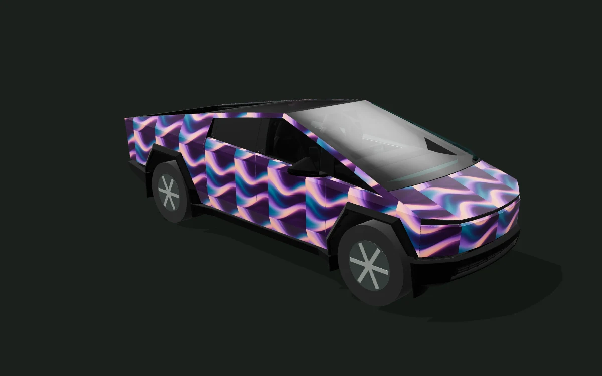 Plum Current for Tesla Cybertruck — 3D model render — front three-quarter