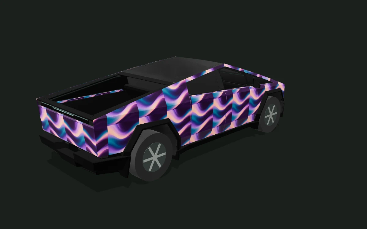 Plum Current for Tesla Cybertruck — Production body study — Rear three-quarter view