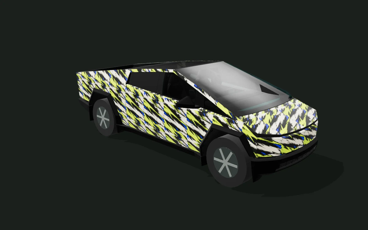 Cybertruck lime graphic wrap — Volt Brush — 3D model render — front three-quarter