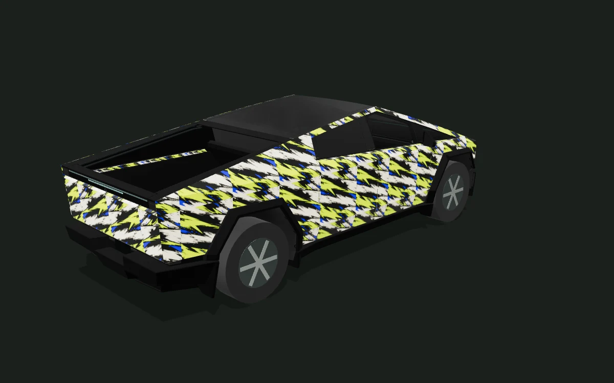 Cybertruck lime graphic wrap — Volt Brush — Production body study — Rear three-quarter view