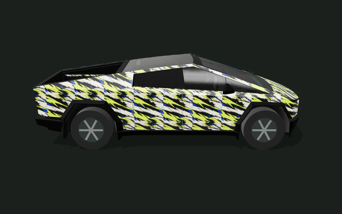 Cybertruck lime graphic wrap — Volt Brush — Production body study — Side profile