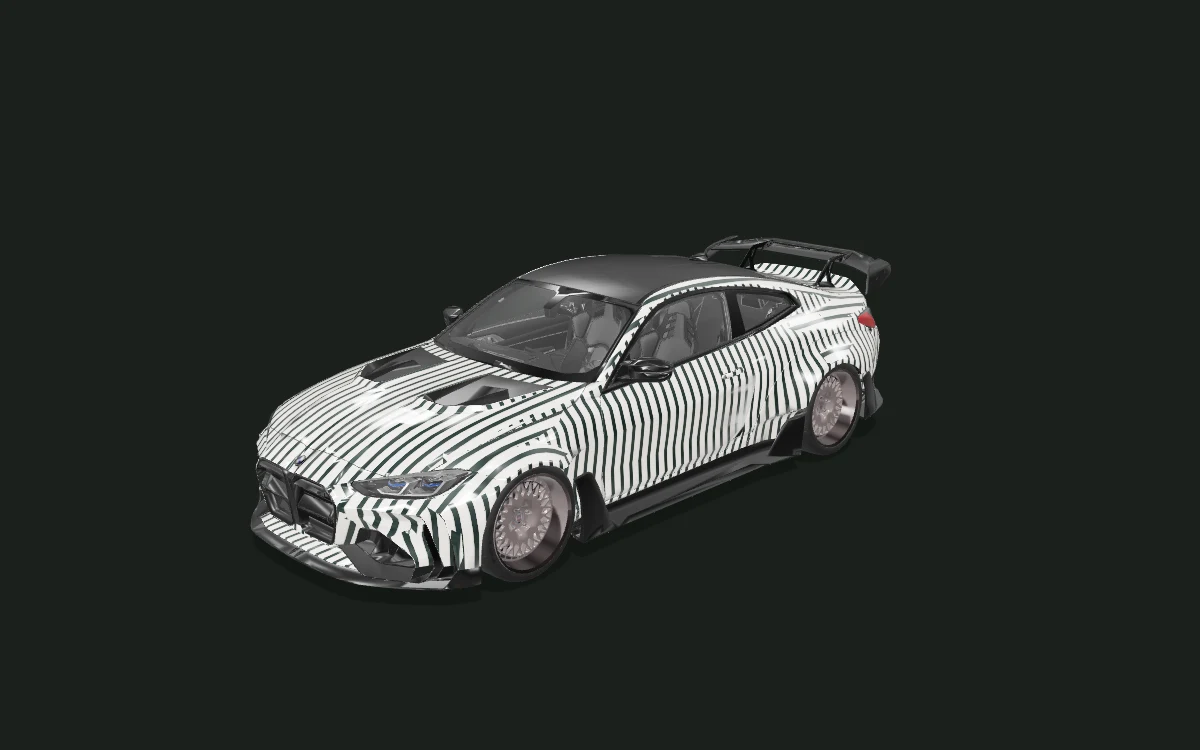 Midnight stripes for BMW M4 — 3D model render — front three-quarter