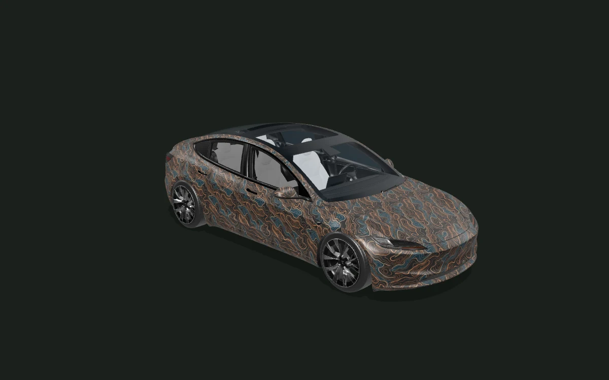 Copper Contours for Tesla Model 3 — 3D model render — front three-quarter