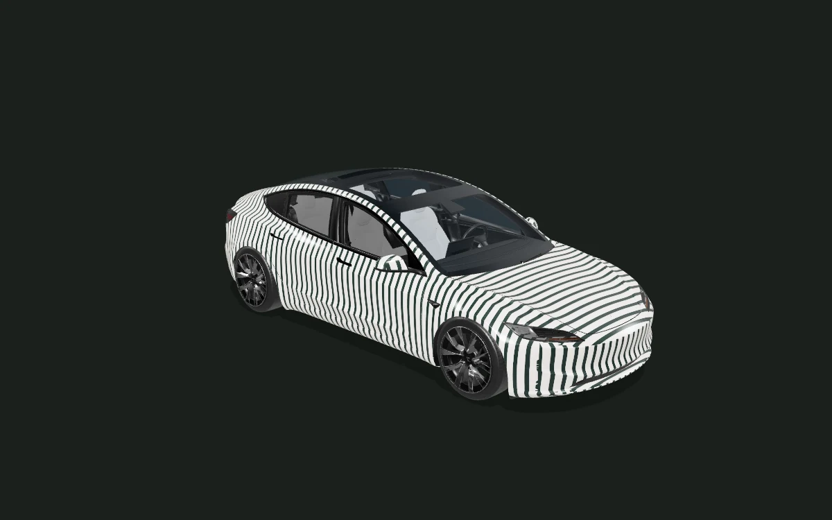 Tesla Model 3 Highland dark stripe wrap — Midnight Stripes — 3D model render — front three-quarter