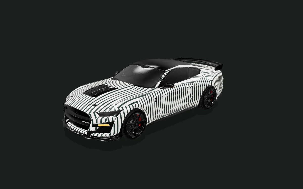 Mustang Shelby GT500 dark stripe wrap study — 3D model render — front three-quarter