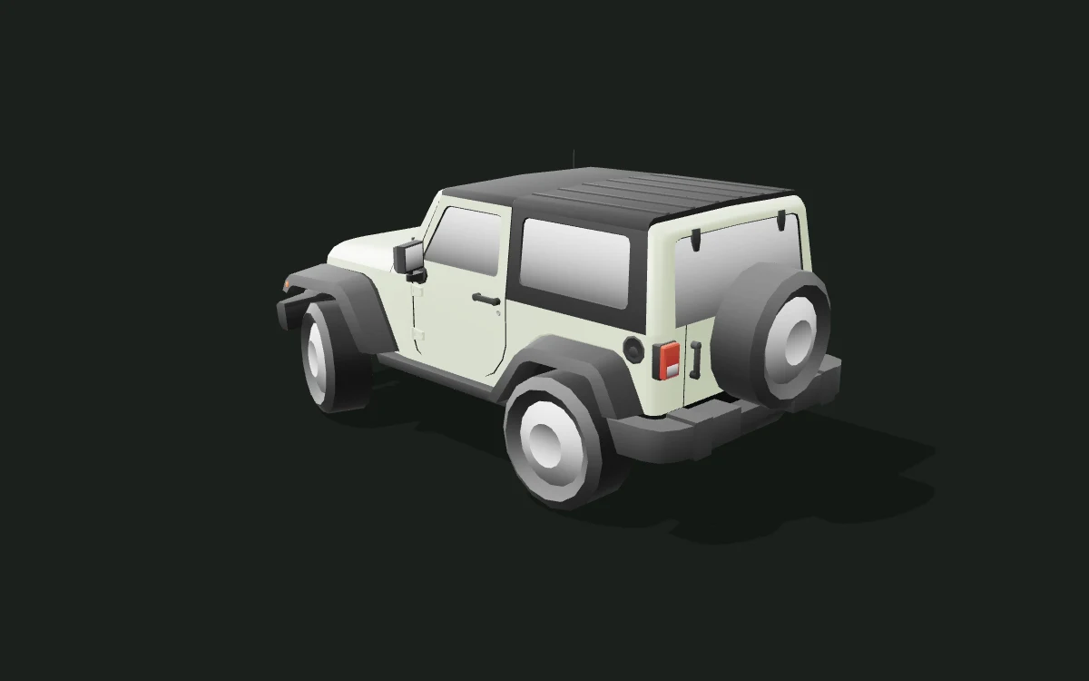 Jeep Wrangler 세이지 그린 새틴 랩핑 모델 — 저폴리곤 차체 모델 — 뒤쪽 대각선 보기