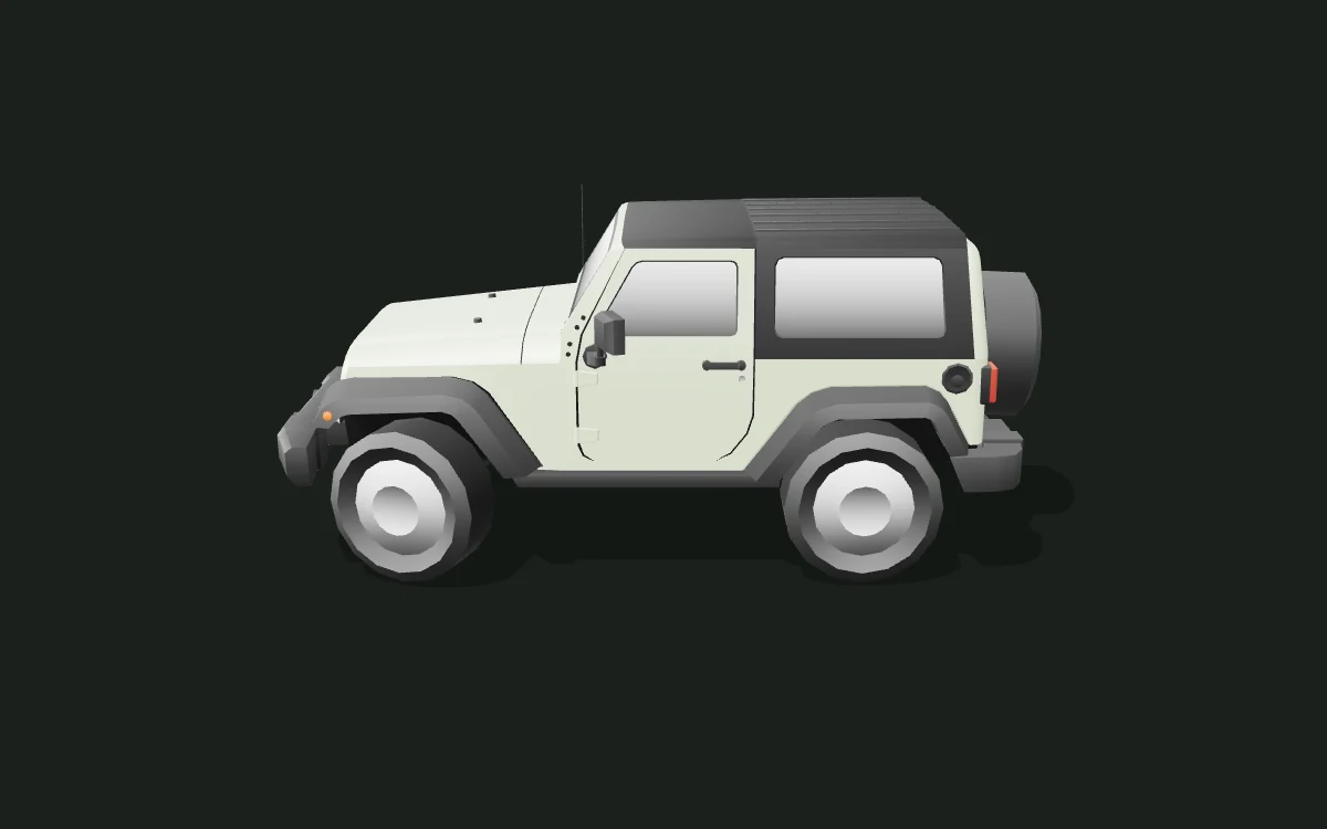 Jeep Wrangler 세이지 그린 새틴 랩핑 모델 — 저폴리곤 차체 모델 — 측면 보기